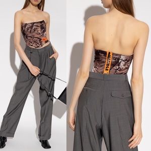 Heron Preston Camouflage Satin Corset Top H.W.C. Zip-Up Logo Tape Size 2 IT 38